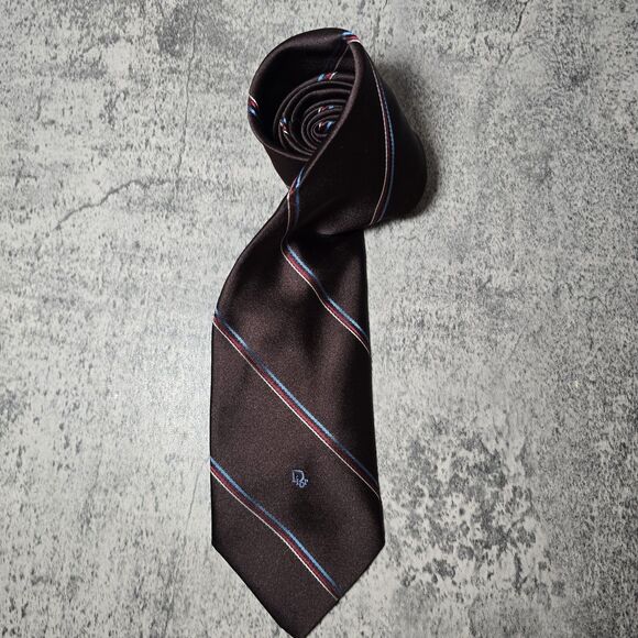 CHRISTIAN DIOR Vintage Brown Diagonal Stripe Print Silk Poly Blend Tie Y2K - Picture 1 of 8